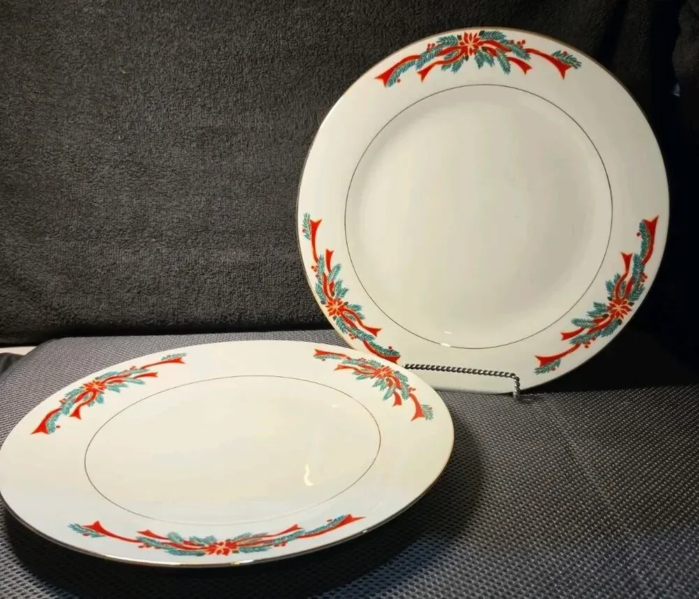 Set Of 2 Poinsettia & Ribbons China 10.5 In Dinner Plates